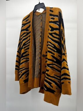 Women’s Dressed in LALA Mustard Black Tiger Print Knit Cardigan W/ Pockets